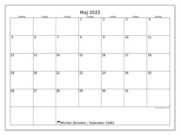 Kalender maj 2025 “53”. Gratis program til print.. Mandag til søndag