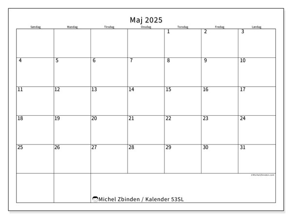 Kalender maj 2025 “53”. Gratis program til print.. Søndag til lørdag