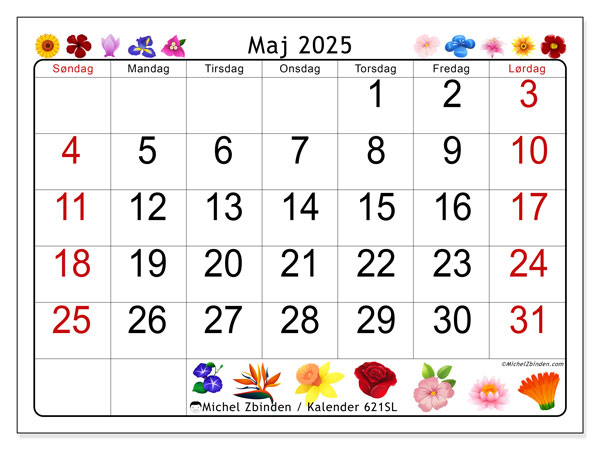 Kalender til udskrivning, maj 2025, 621SL