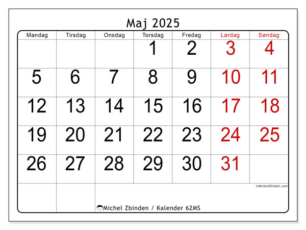 Kalender maj 2025 “62”. Gratis kalender til print.. Mandag til søndag