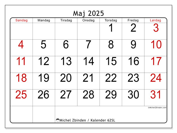 Kalender maj 2025 “62”. Gratis kalender til print.. Søndag til lørdag