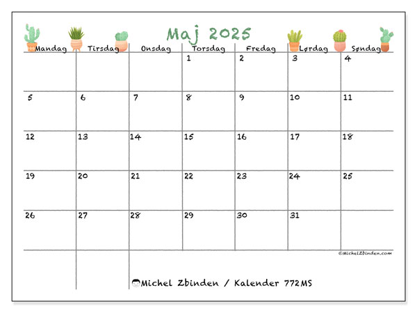 Kalender til udskrivning, maj 2025, 772MS