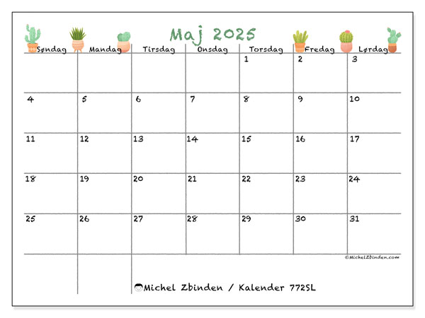 Kalender til udskrivning, maj 2025, 772SL