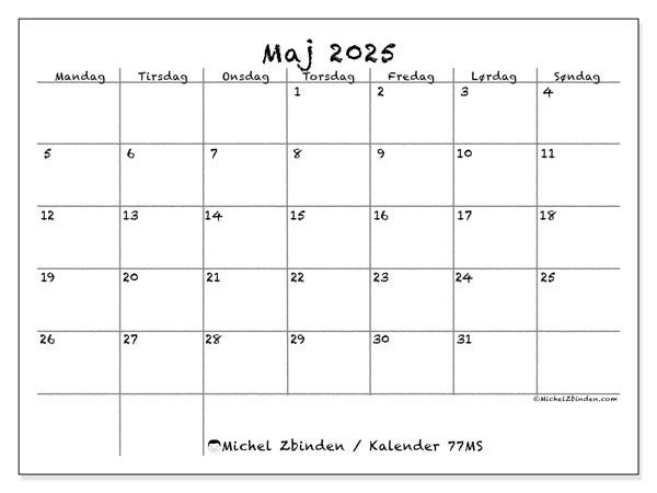 Kalender til udskrivning, maj 2025, 77MS