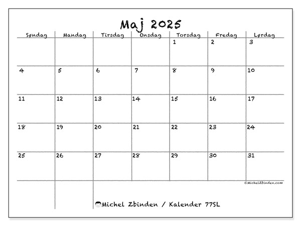 Kalender til udskrivning, maj 2025, 77SL