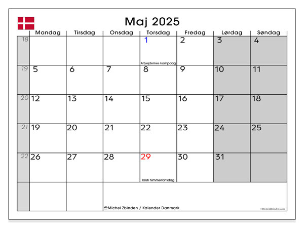 Calendario da stampare, maggio 2025, Danimarca