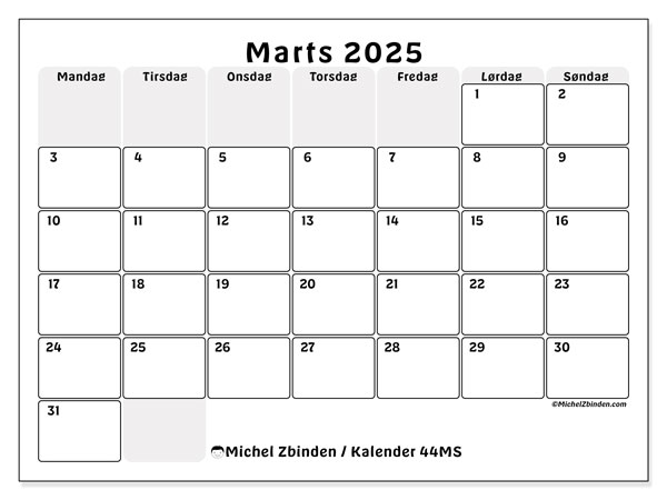 Kalender marts 2025 “44”. Gratis plan til print.. Mandag til søndag