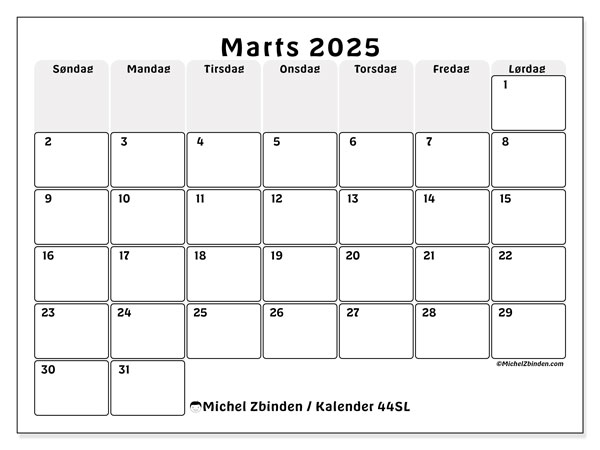 Kalender marts 2025 “44”. Gratis plan til print.. Søndag til lørdag