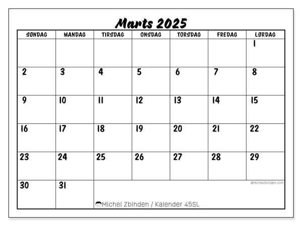 Kalender marts 2025 “45”. Gratis kalender til print.. Søndag til lørdag