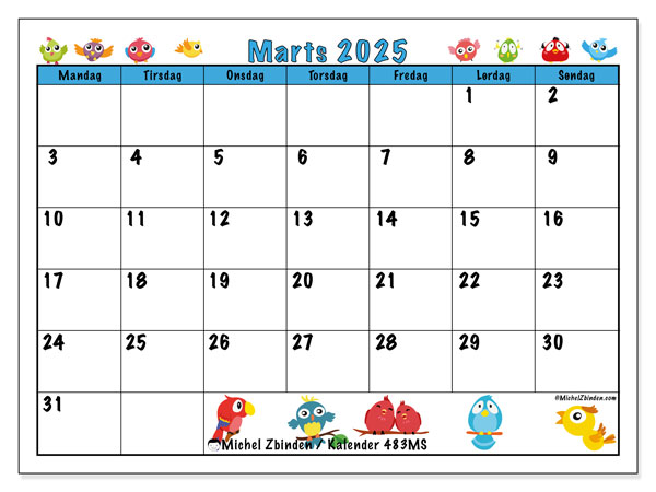 Kalender marts 2025 “483”. Gratis plan til print.. Mandag til søndag