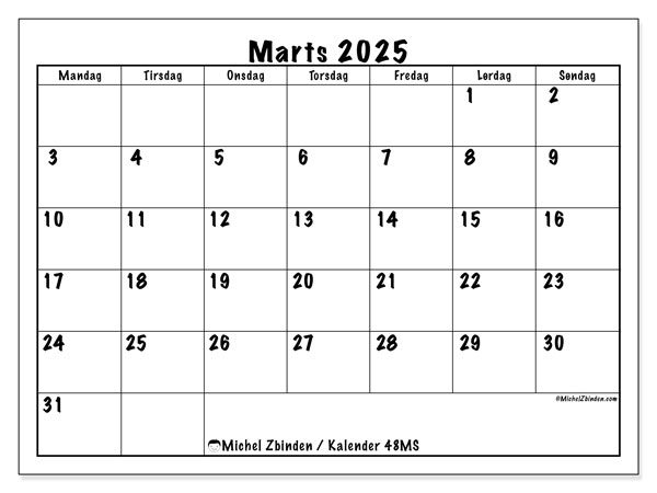 Kalender marts 2025 “48”. Gratis program til print.. Mandag til søndag