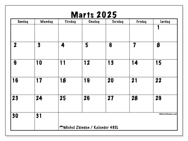 Kalender marts 2025, 48SL. Gratis plan til print.