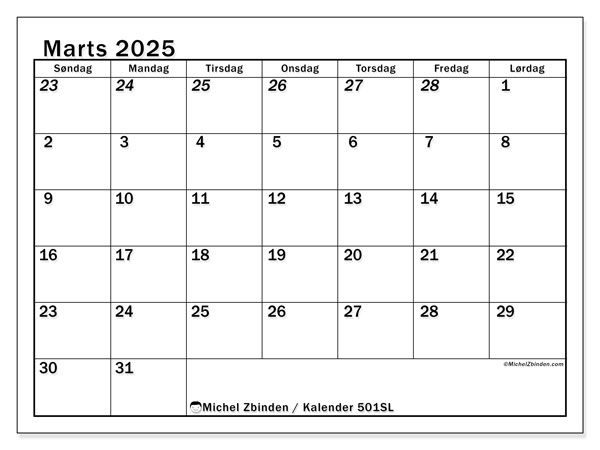 Kalender marts 2025 “501”. Gratis program til print.. Søndag til lørdag