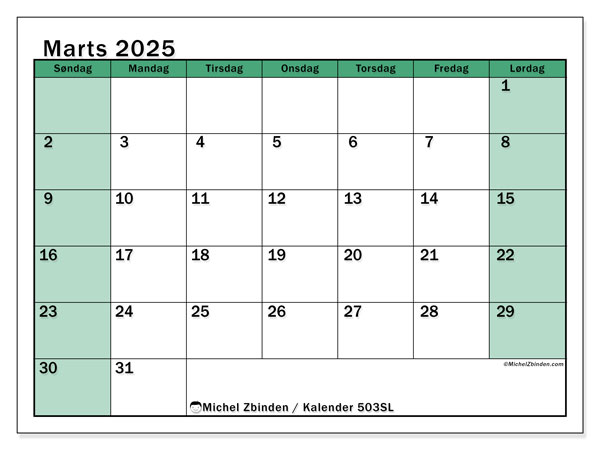 Kalender marts 2025 “503”. Gratis plan til print.. Søndag til lørdag