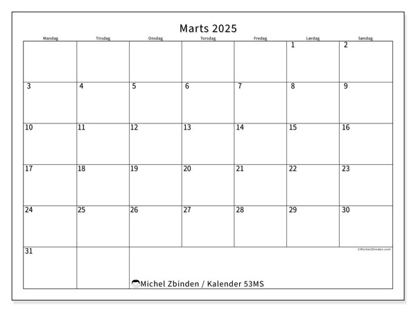 Kalender marts 2025 “53”. Gratis plan til print.. Mandag til søndag