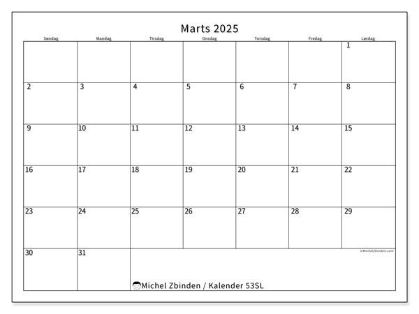 Kalender marts 2025 “53”. Gratis plan til print.. Søndag til lørdag