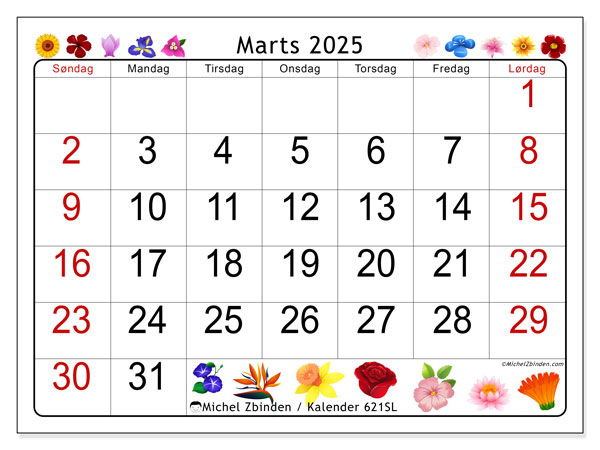 Kalender marts 2025 “621”. Gratis program til print.. Søndag til lørdag