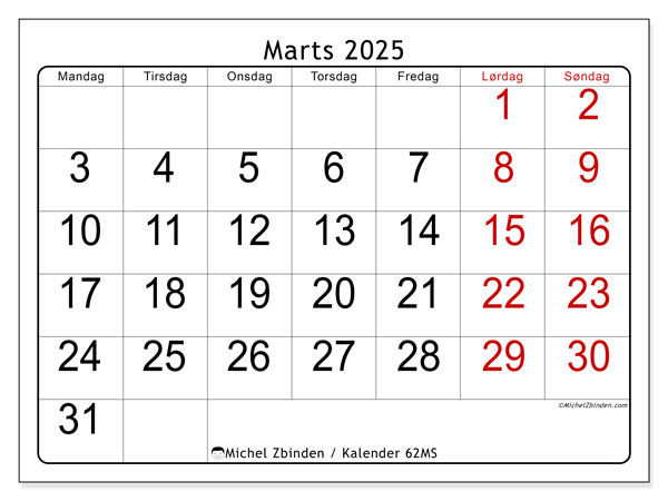 Kalender marts 2025 “62”. Gratis kalender til print.. Mandag til søndag