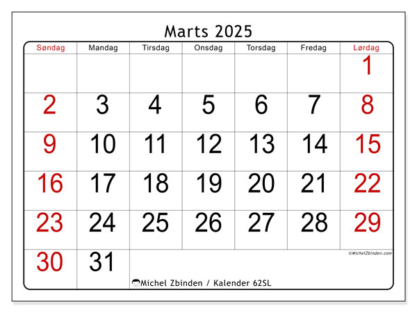 Kalender marts 2025 “62”. Gratis plan til print.. Søndag til lørdag