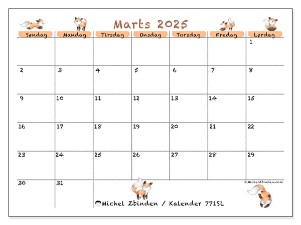 Kalender marts 2025 “771”. Gratis kalender til print.. Søndag til lørdag