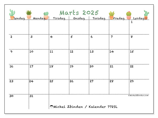 Kalender marts 2025 “772”. Gratis kalender til print.. Søndag til lørdag