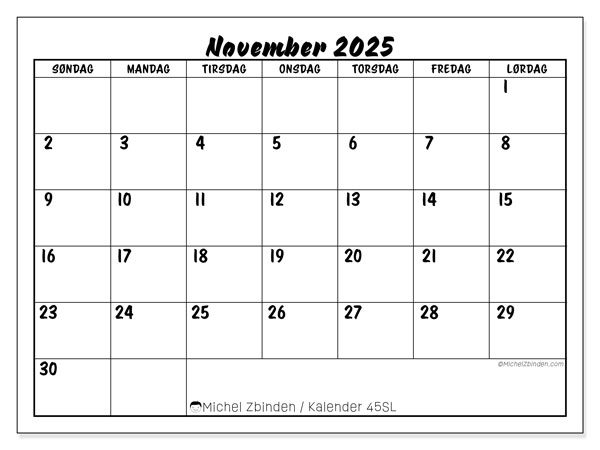 Kalender til udskrivning, november 2025, 45SL