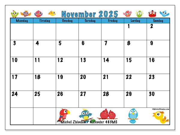 Kalender til udskrivning, november 2025, 483MS