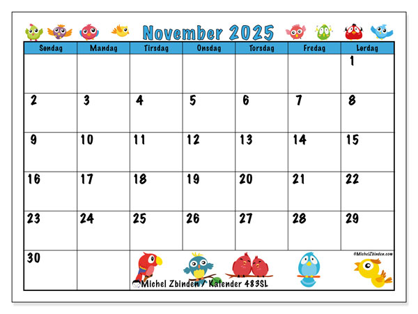 Kalender til udskrivning, november 2025, 483SL