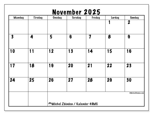 Kalender til udskrivning, november 2025, 48MS
