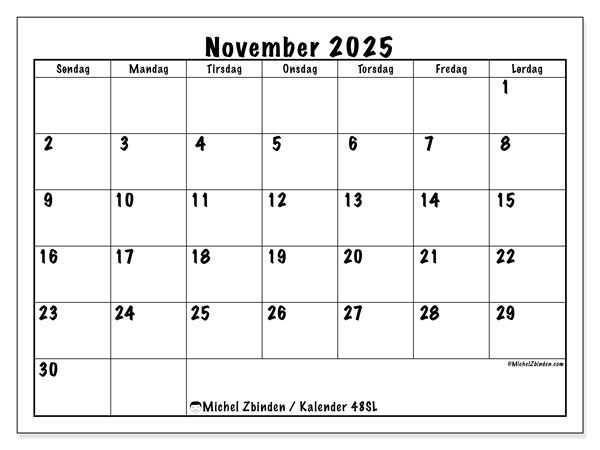 Kalender til udskrivning, november 2025, 48SL