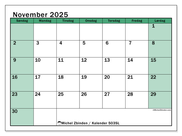 Kalender til udskrivning, november 2025, 503SL