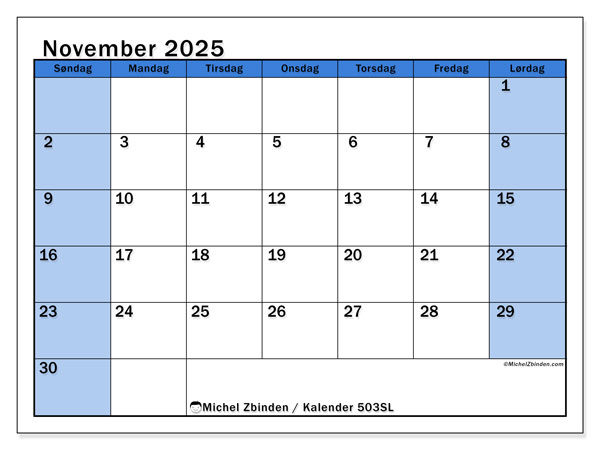 Kalender til udskrivning, november 2025, 504SL