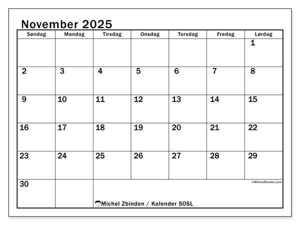 Kalender til udskrivning, november 2025, 50SL
