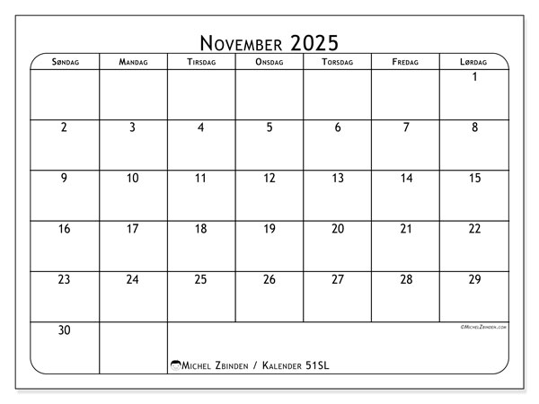 Kalender til udskrivning, november 2025, 51SL