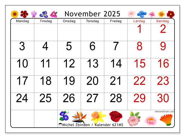 Kalender til udskrivning, november 2025, 621MS