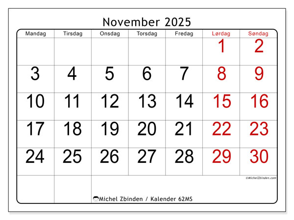 Kalender til udskrivning, november 2025, 62MS
