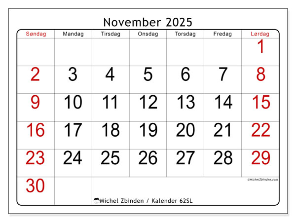 Kalender til udskrivning, november 2025, 62SL