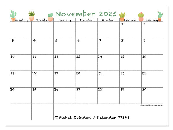 Kalender til udskrivning, november 2025, 772MS