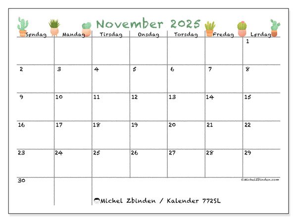 Kalender til udskrivning, november 2025, 772SL