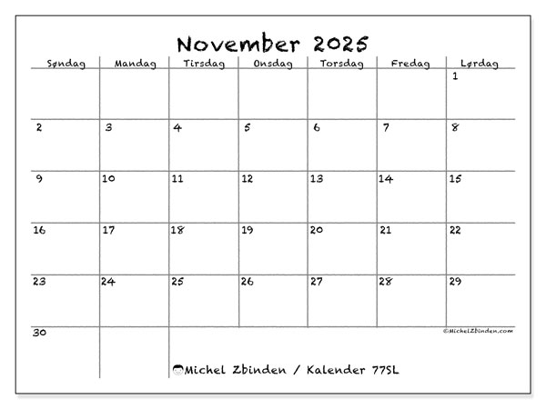Kalender til udskrivning, november 2025, 77SL