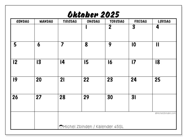 Kalender til udskrivning, oktober 2025, 45SL