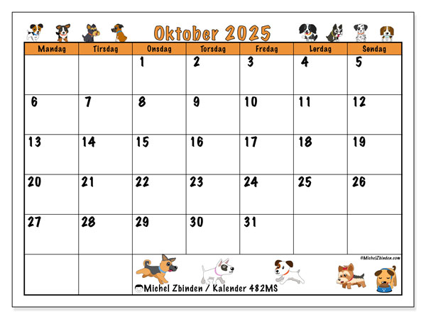 Kalender til udskrivning, oktober 2025, 482MS
