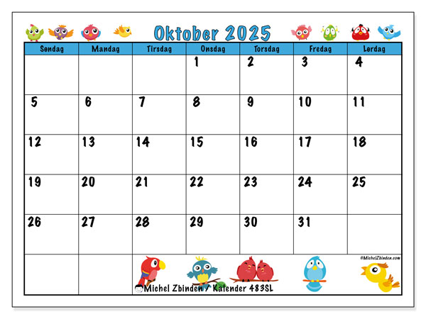 Kalender til udskrivning, oktober 2025, 483SL