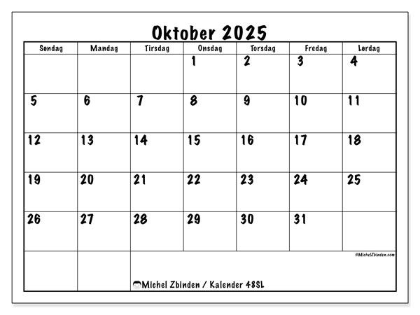 Kalender til udskrivning, oktober 2025, 48SL