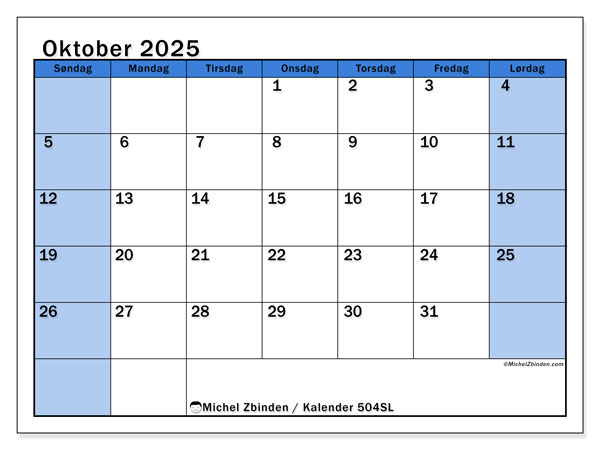 Kalender til udskrivning, oktober 2025, 504SL