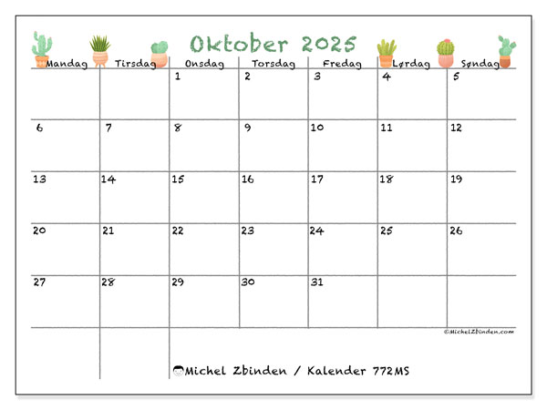 Kalender til udskrivning, oktober 2025, 772MS