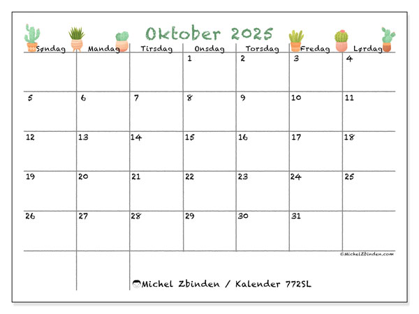 Kalender til udskrivning, oktober 2025, 772SL