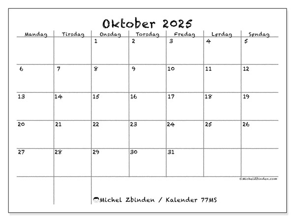 Kalender til udskrivning, oktober 2025, 77MS