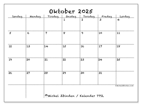 Kalender til udskrivning, oktober 2025, 77SL