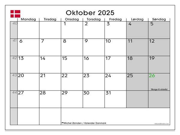 Calendrier à imprimer, octombrie 2025, Danemarca